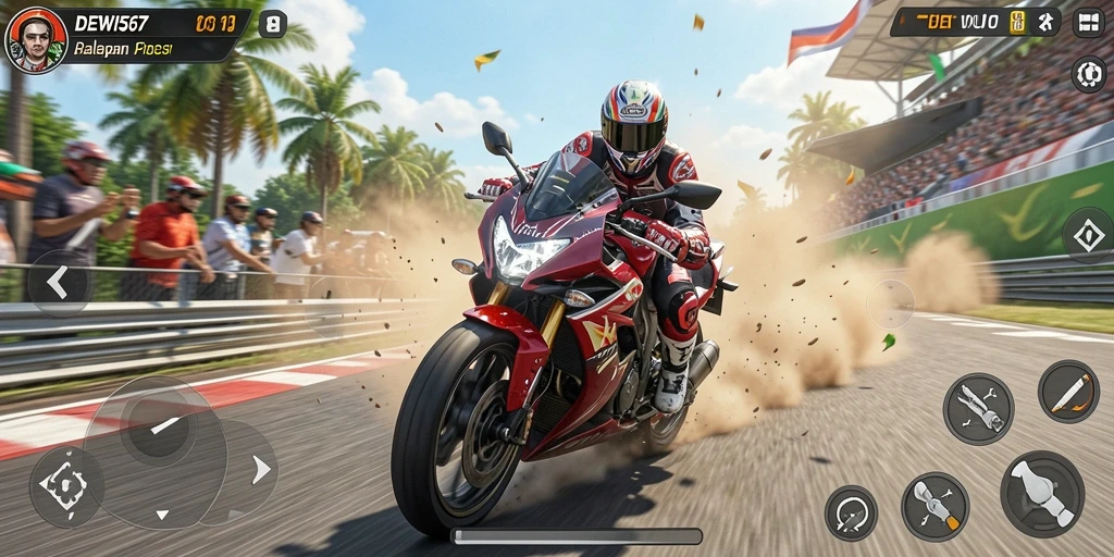 Screenshot DEWI567 menampilkan aksi balapan motor yang seru dan mendebarkan.
