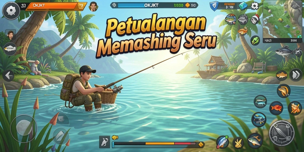 Screenshot gameplay OKJKT menunjukkan aksi memancing yang mendebarkan.