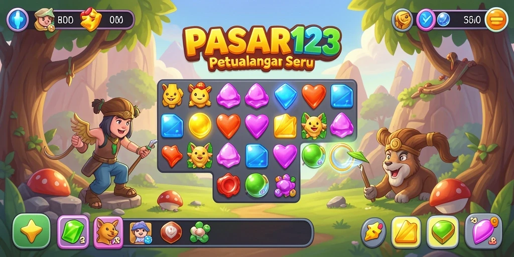 Tampilan gameplay PASAR123 dengan kombinasi warna cerah dan item unik.